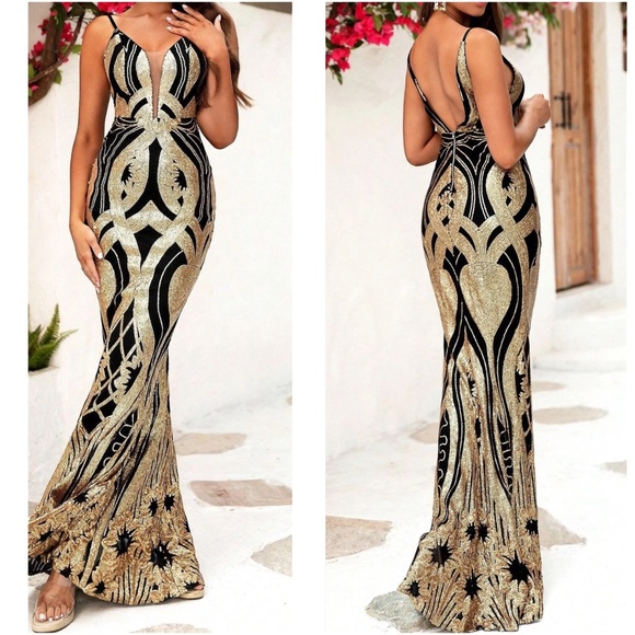 Luxe Sequin Floral Mermaid Hem Party Evening Wedding Formal Dress - Picture 3 of 5